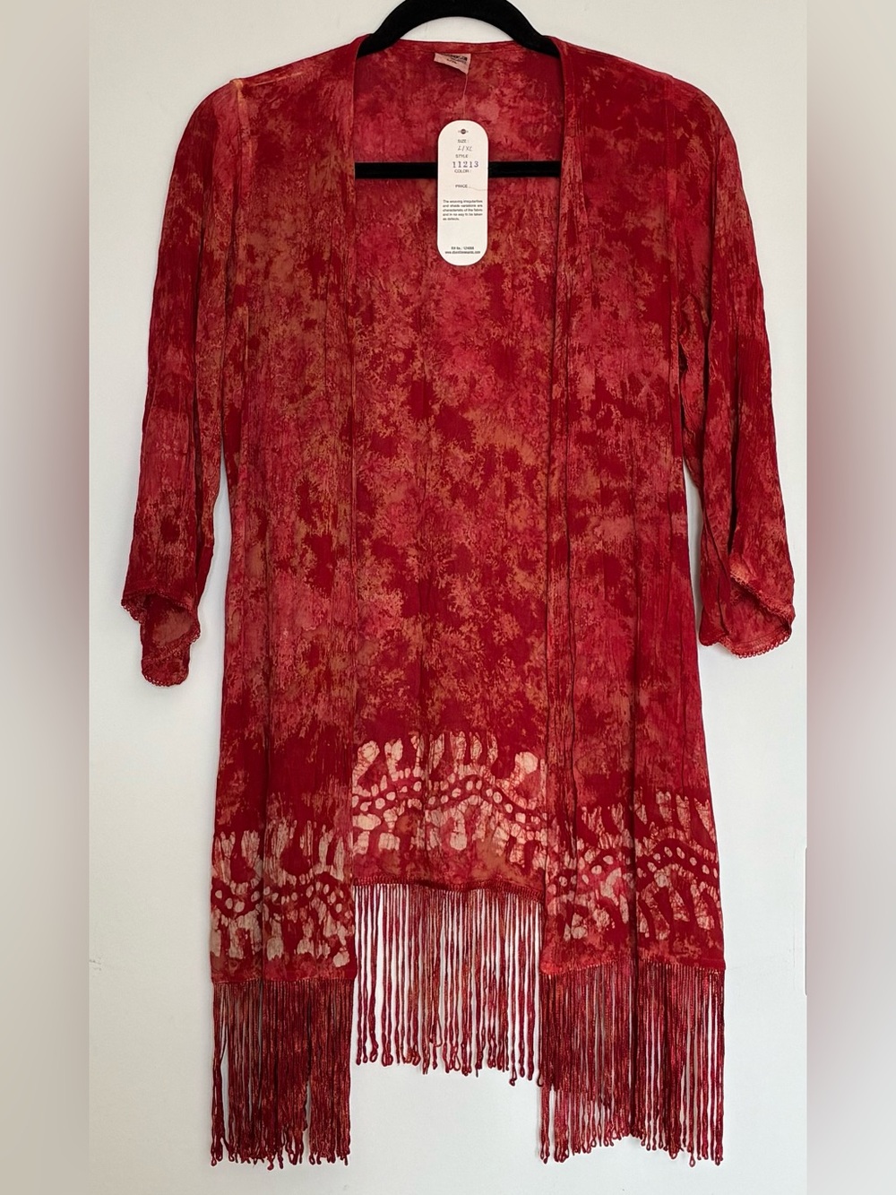 NWT Vintage Shoreline Vintage Bohemian Red Fringe Kimono Tye Dye Cover-up Kimono
